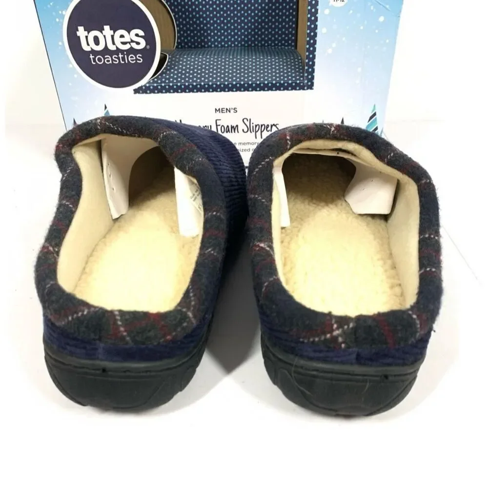 Totes Toasties Memory Foam Navy & Plaid Corduroy Slippers Men Size 11-12 XL NIB